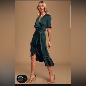 Lulus Dark Green Satin Faux-Wrap Midi Dress - Large
